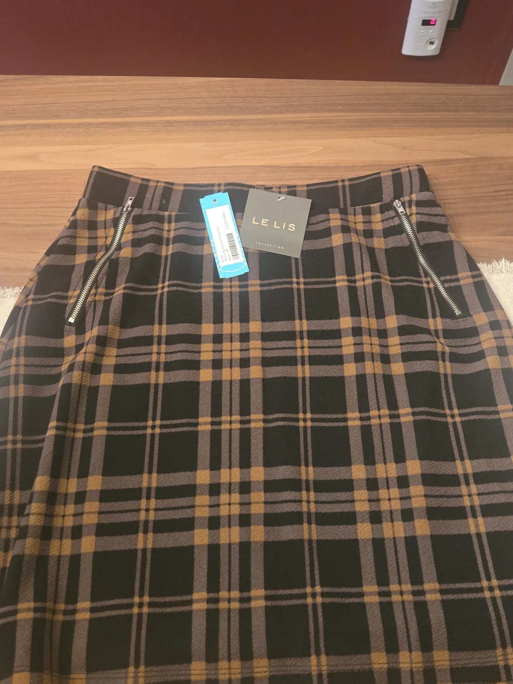 Le Lis Black Plaid Mini Skirt with Mustard and Gray Stripes
